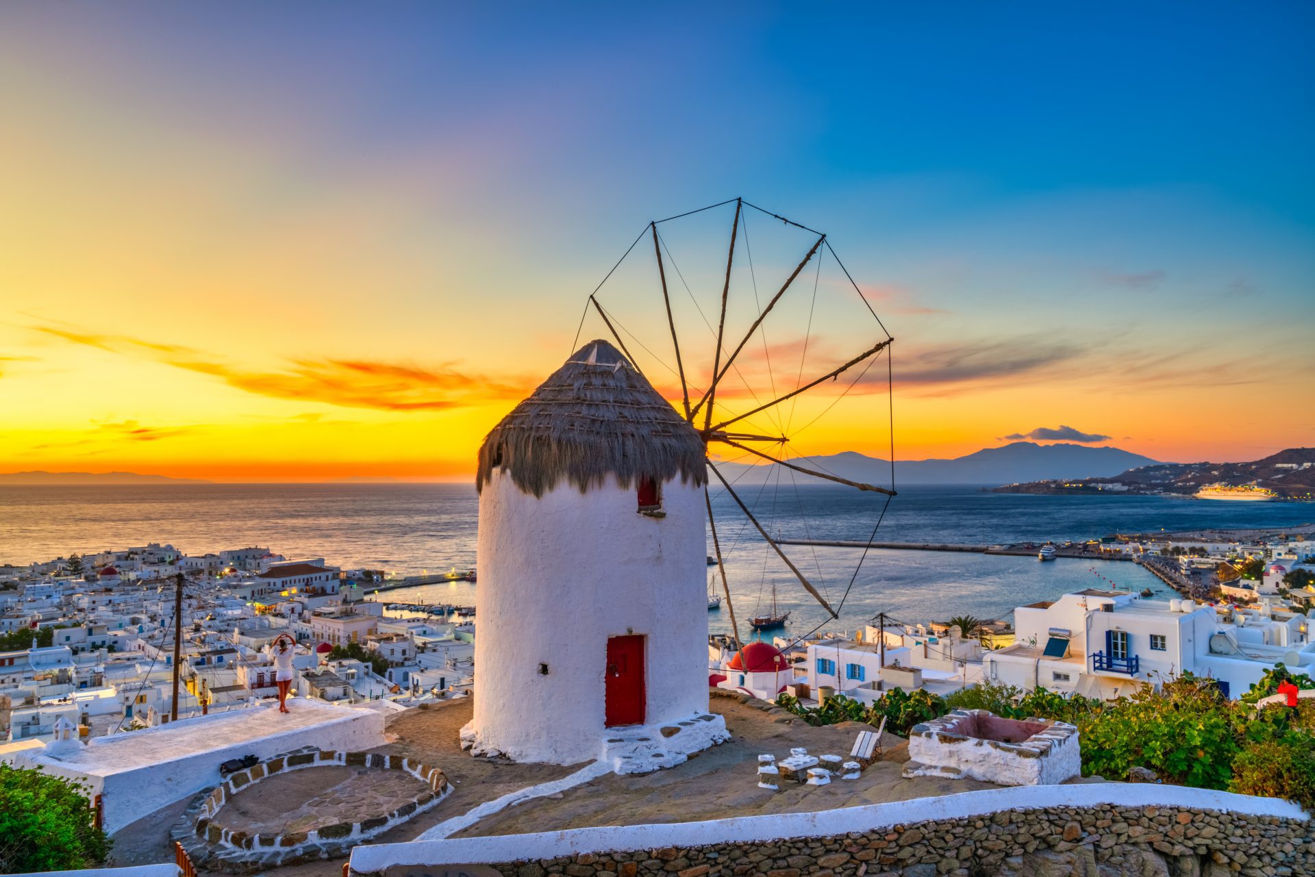 Traditional,Greek,Windmill,At,Sunset,In,Mykonos,Island.,Greece